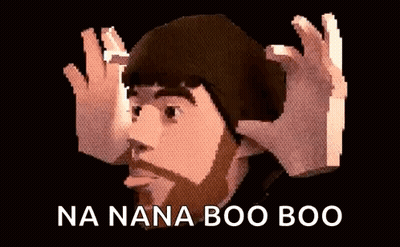 A Pixel Art Of A Man With A Beard Wearing A Hat With The Words Na Nana Boo Boo Written On It . GIF