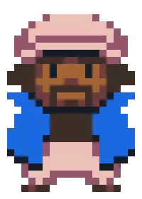 A Pixel Art Of A Man With A Beard Wearing A Pink Hat And A Blue Jacket Sticker