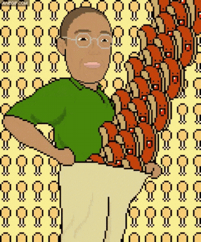 A Pixel Art Of A Man With Glasses Holding A Bunch Of Bread GIF