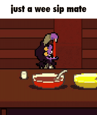 A Pixel Art Of A Monster Sitting At A Table Next To A Bowl Of Soup GIF
