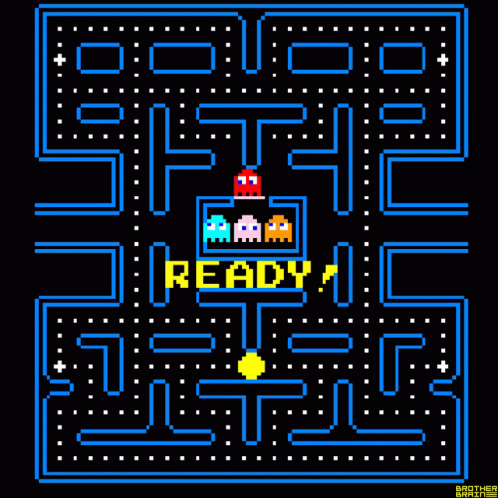 A Pixel Art Of A Pac Man Game With A Ready Message GIF