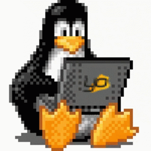 A Pixel Art Of A Penguin Using A Laptop With The Word Yo On It GIF