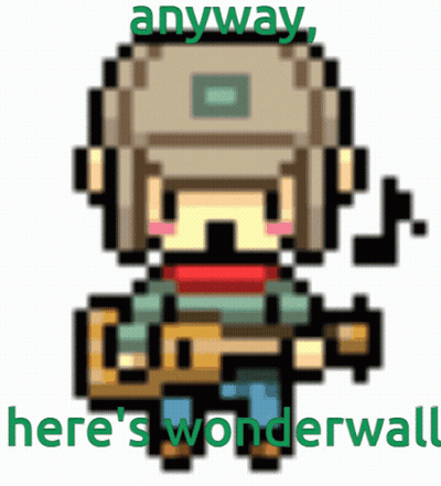 A Pixel Art Of A Person Holding A Guitar With The Words Anyway Here 'S Wonderwall Below It GIF