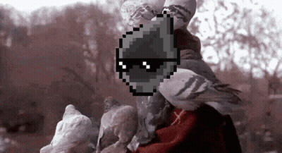 A Pixel Art Of A Person Holding A Pigeon With Sunglasses On Their Head GIF