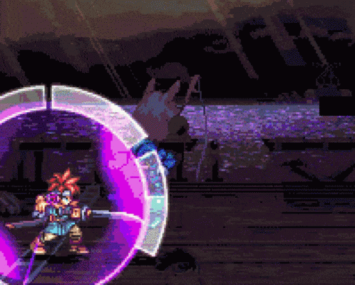 A Pixel Art Of A Person Holding A Sword In A Purple Circle . GIF