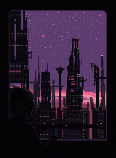 A Pixel Art Of A Person Looking Out A Window At Night GIF