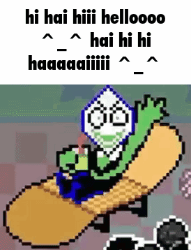 A Pixel Art Of A Person Riding A Snowboard With The Words `` Hi Hai Hii Hellooooo Hai Hi Hi Haaaaiiii '' . GIF