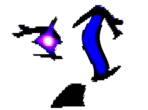 A Pixel Art Of A Person 'S Face With A Red Eye And A Blue Arrow Pointing Upwards . Sticker