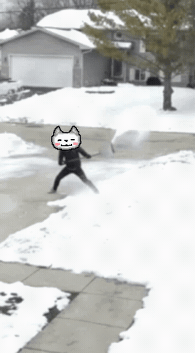 A Pixel Art Of A Person Shoveling Snow With A Cat Face GIF