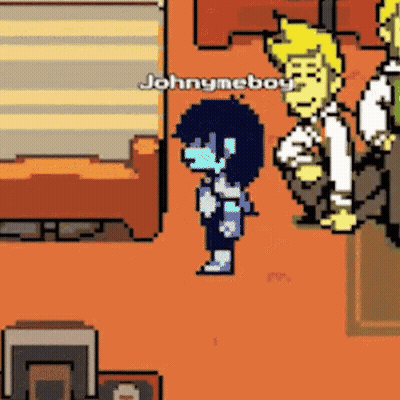 A Pixel Art Of A Person Standing Next To A Man In A Room . GIF