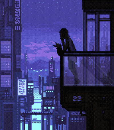 A Pixel Art Of A Person Standing On A Balcony With The Number 22 Visible GIF