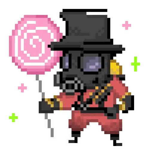 A Pixel Art Of A Person Wearing A Gas Mask Holding A Pink Lollipop . Sticker