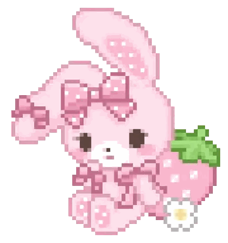A Pixel Art Of A Pink Bunny With A Bow And A Strawberry Sticker