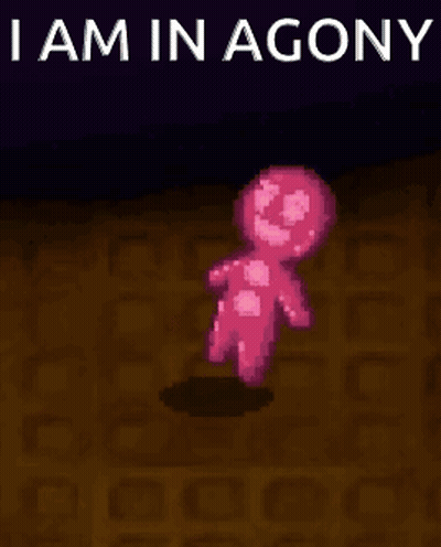 A Pixel Art Of A Pink Gingerbread Man With The Words I Am In Agony Above Him GIF