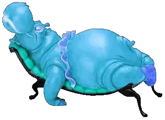 A Pixel Art Of A Purple Hippopotamus Laying On A Blue Chair Sticker