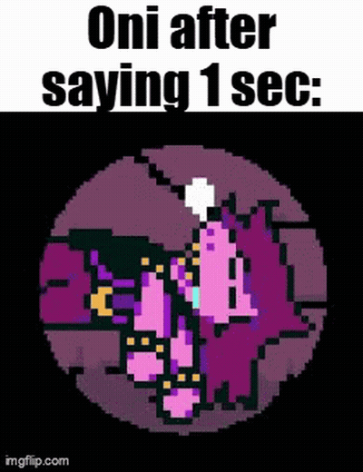 A Pixel Art Of A Purple Unicorn With The Words `` Oni After Saying 1 Sec '' Written Above It . GIF