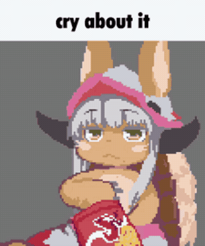 A Pixel Art Of A Rabbit Holding A Bag Of Chips With The Words Cry About It Below It GIF