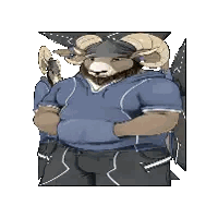 A Pixel Art Of A Ram Wearing A Blue Hoodie And Black Shorts Sticker