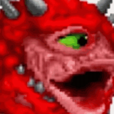A Pixel Art Of A Red Monster With A Green Eye And Horns . GIF