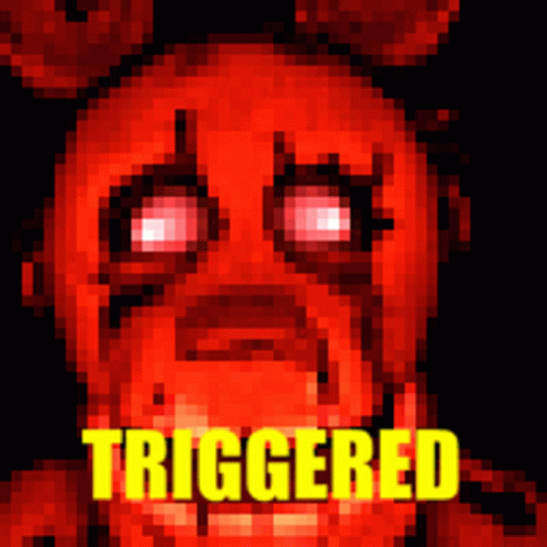 A Pixel Art Of A Red Monster With The Word Triggered In Yellow Letters GIF