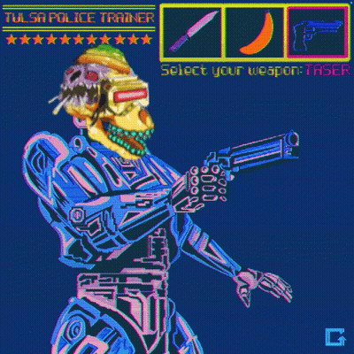 A Pixel Art Of A Robot Holding A Gun With The Words Select Your Weapon Taser Below It GIF