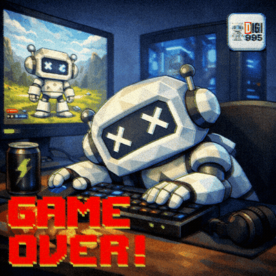 A Pixel Art Of A Robot Playing A Video Game With The Words Game Over In Red GIF