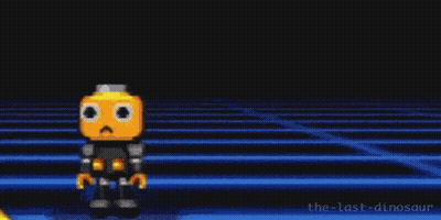 A Pixel Art Of A Robot Standing In Front Of A Giant Dinosaur . GIF