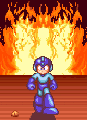 A Pixel Art Of A Robot Standing In Front Of A Large Fire GIF