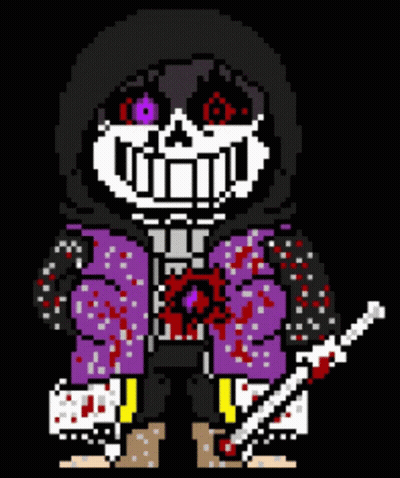 A Pixel Art Of A Skeleton Wearing A Purple Jacket And Holding A Bloody Knife . GIF