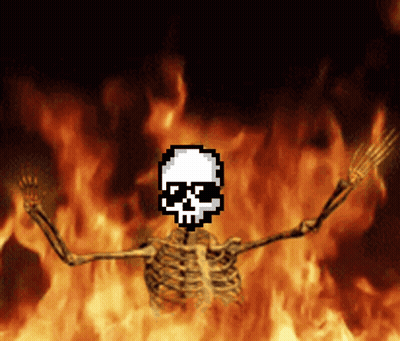 A Pixel Art Of A Skeleton With A Skull On His Head In Front Of Flames GIF