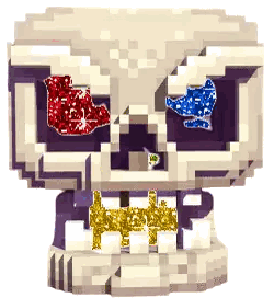 A Pixel Art Of A Skull With Red And Blue Eyes And Gold Teeth Sticker