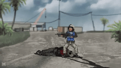A Pixel Art Of A Soldier With A Gun Standing Next To A Dead Body GIF
