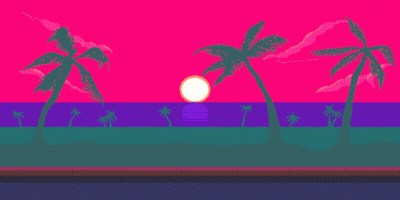 A Pixel Art Of A Sunset On A Beach With Palm Trees In The Foreground GIF