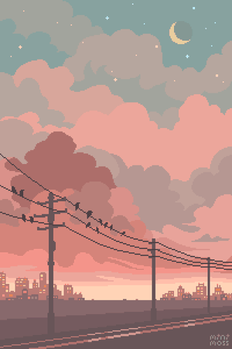 A Pixel Art Of A Sunset With Birds On Power Lines GIF