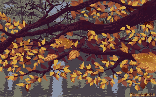 A Pixel Art Of A Tree Branch With Leaves Hanging Over A Lake GIF