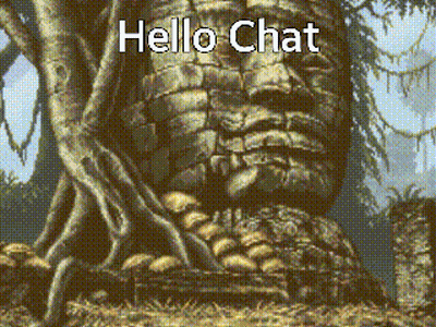 A Pixel Art Of A Tree With The Words Hello Chat Written Above It GIF