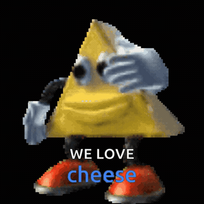 A Pixel Art Of A Triangle With Arms And Legs And The Words We Love Cheese Below It GIF