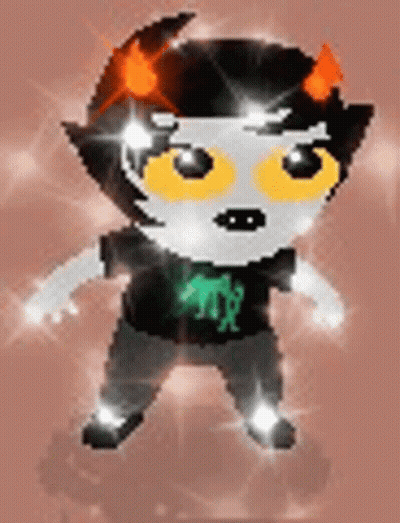 A Pixel Art Of A Troll With Horns Wearing A Black Shirt With A Green Logo On It . GIF