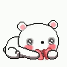 A Pixel Art Of A White Teddy Bear Laying Down With A Red Bow In Its Mouth . GIF