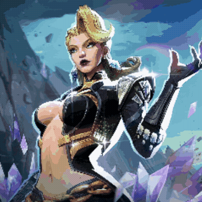 A Pixel Art Of A Woman In A Very Revealing Outfit With Purple Crystals In The Background GIF