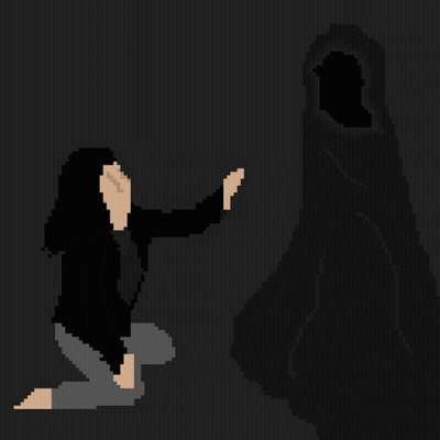 A Pixel Art Of A Woman Kneeling In Front Of A Grim Reaper . GIF