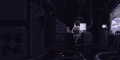 A Pixel Art Of A Woman Sitting At A Desk With A Computer GIF