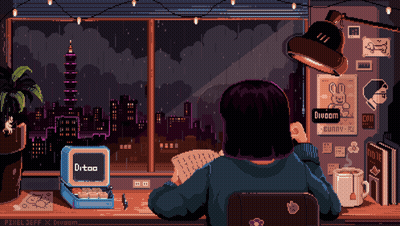 A Pixel Art Of A Woman Sitting At A Desk With A Sign That Says Divaom On It GIF