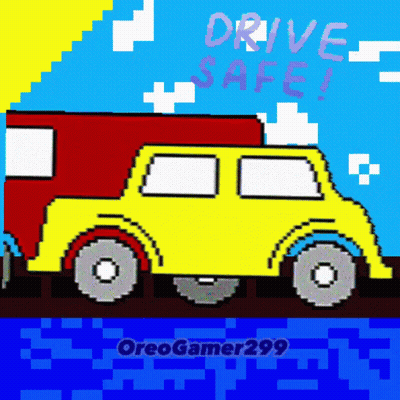 A Pixel Art Of A Yellow Car With A Red Trailer And The Words Drive Safe Written Above It GIF