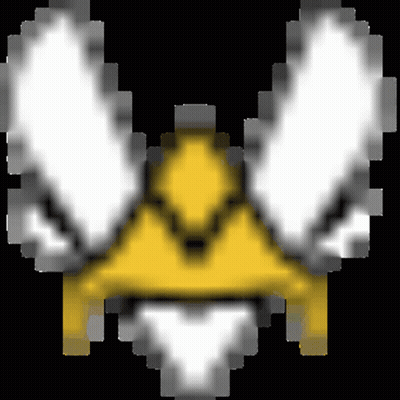 A Pixel Art Of A Yellow Crown With White Wings On A Black Background . GIF