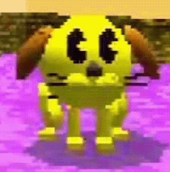 A Pixel Art Of A Yellow Dog With Brown Ears Standing On A Purple Background . GIF