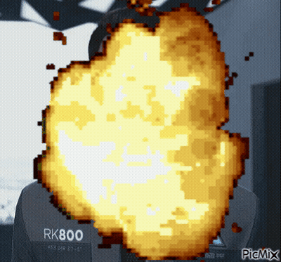 A Pixel Art Of An Explosion With Rk800 Written On The Back GIF