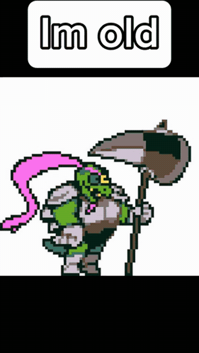 A Pixel Art Of An Orc Holding A Scythe With The Words I 'M Old Below Him GIF