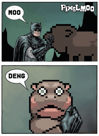 A Pixel Art Of Batman Talking To A Hamster With The Words Moo And Deng In Speech Bubbles GIF