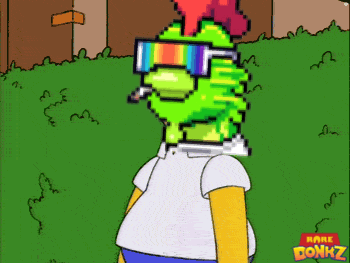 A Pixel Art Of Homer Simpson Wearing Sunglasses And Smoking A Cigarette With The Words Rare Bonkz Below Him GIF